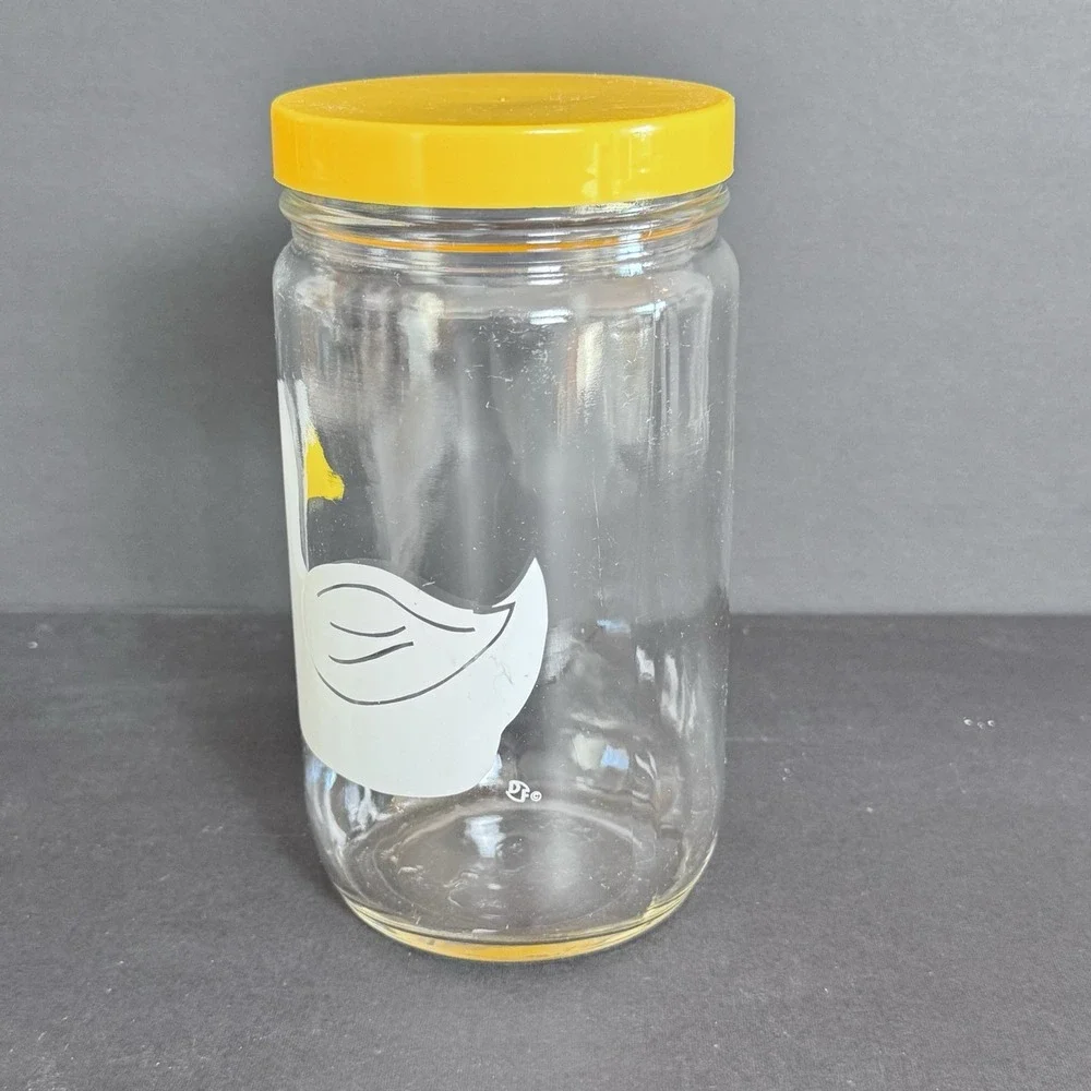 Vintage Clear Glass Jar Canister Duck Theme Print Yellow Lid No‎ Fading No Dmg